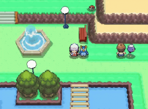 A Couple Of Cartoon Characters Standing Next To A Fountain In A Park GIF