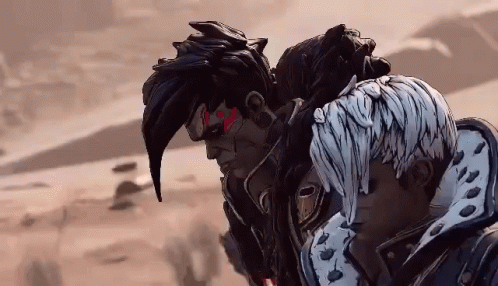 A Couple Of Cartoon Characters Standing Next To Each Other In A Desert GIF