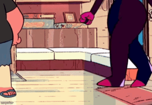 A Couple Of Cartoon Characters Standing Next To Each Other In A Living Room GIF
