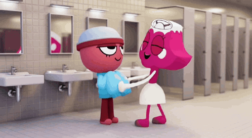 a couple of cartoon characters standing next to each other in a public restroom