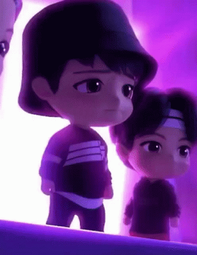 A Couple Of Cartoon Characters Standing Next To Each Other In A Room . GIF