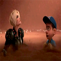 A Couple Of Cartoon Characters Standing Next To Each Other In The Dirt GIF