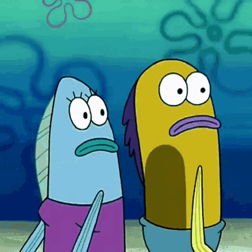 A Couple Of Cartoon Characters Standing Next To Each Other In The Water GIF