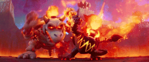 a couple of cartoon characters standing next to each other on a fire .
