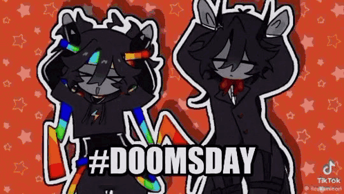 A Couple Of Cartoon Characters Standing Next To Each Other On A Red Background With The Words `` Doomsday '' Written On GIF