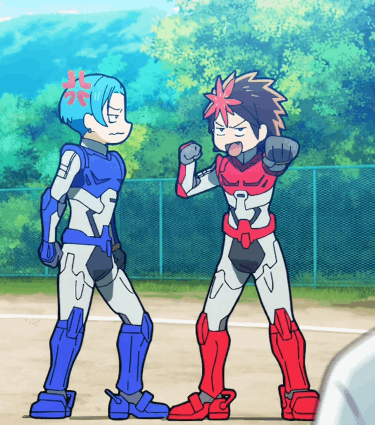 A Couple Of Cartoon Characters Standing Next To Each Other One Has A Red Star On His Head GIF