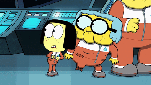 a couple of cartoon characters standing next to each other one of which has the letter a on their shirt