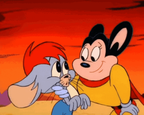 A Couple Of Cartoon Characters Standing Next To Each Other One Of Which Is A Mouse GIF