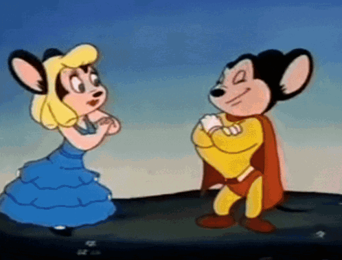A Couple Of Cartoon Characters Standing Next To Each Other One Of Which Is Wearing A Cape GIF