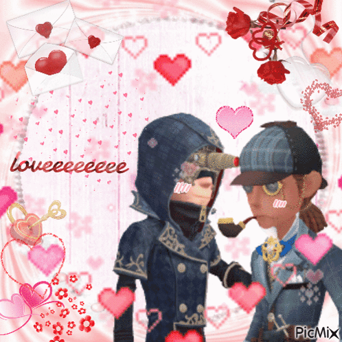 A Couple Of Cartoon Characters Standing Next To Each Other Surrounded By Hearts And The Words Loveeeeeeeee GIF