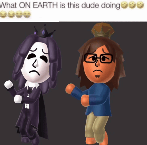 A Couple Of Cartoon Characters Standing Next To Each Other With A Caption That Says What On Earth Is This Dude Doing GIF