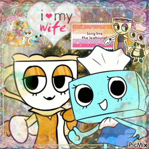 A Couple Of Cartoon Characters Standing Next To Each Other With A Heart That Says " I Love My Wife " GIF
