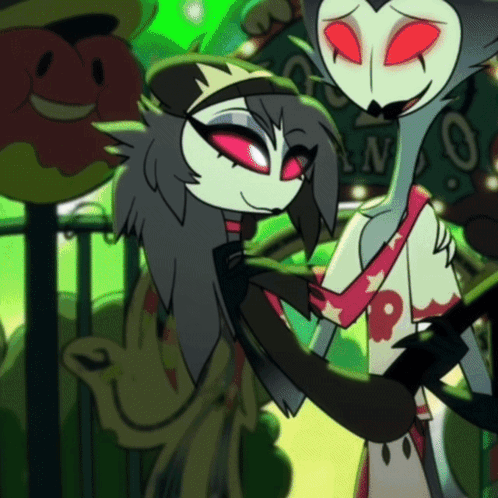 A Couple Of Cartoon Characters Standing Next To Each Other With A Sign Behind Them That Says N. GIF