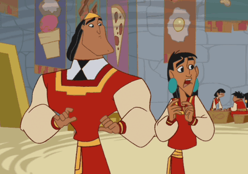 A Couple Of Cartoon Characters Standing Next To Each Other With Ice Cream Cones On The Wall Behind Them GIF