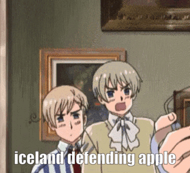 A Couple Of Cartoon Characters Standing Next To Each Other With Iceland Defending Apple Written In The Corner GIF