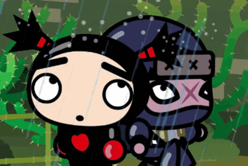 A Couple Of Cartoon Characters Standing Next To Each Other With One Wearing A Mask With The Letter X On It GIF