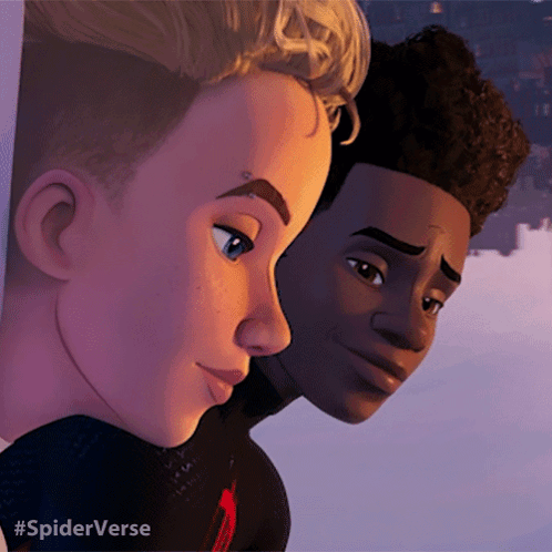 A Couple Of Cartoon Characters Standing Next To Each Other With #Spiderverse Written Below Them GIF