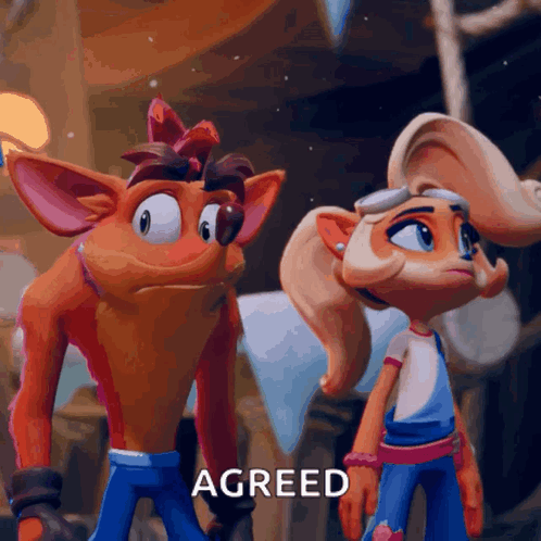 A Couple Of Cartoon Characters Standing Next To Each Other With The Word Agreed In The Corner GIF