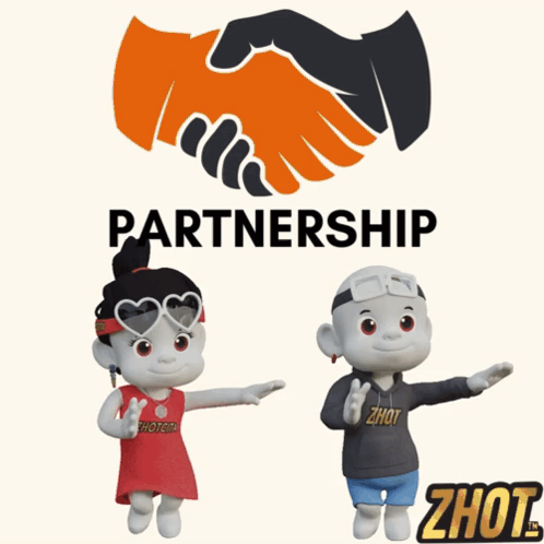 A Couple Of Cartoon Characters Standing Next To Each Other With The Words Partnership Above Them GIF