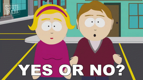 A Couple Of Cartoon Characters Standing Next To Each Other With The Words Yes Or No Written Below Them GIF