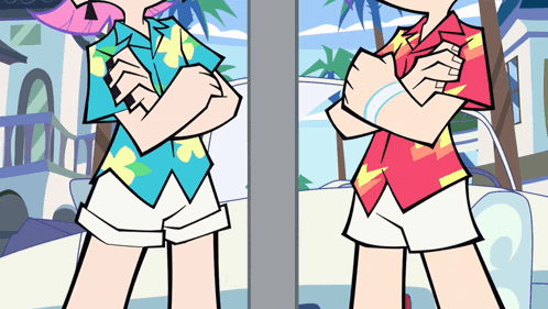 A Couple Of Cartoon Characters Standing Next To Each Other GIF