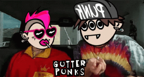 A Couple Of Cartoon Characters With Gutter Punks Written In Black GIF