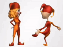 A Couple Of Cartoon Clowns Are Dancing Together On A White Background GIF