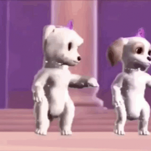 A Couple Of Cartoon Dogs Are Dancing Together In A Room . GIF