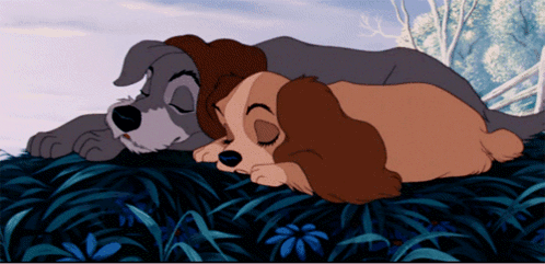 A Couple Of Cartoon Dogs Laying On Top Of Each Other GIF