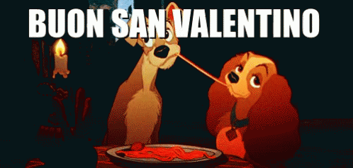 A Couple Of Cartoon Dogs Sitting At A Table With The Words Buon San Valentino Above Them GIF