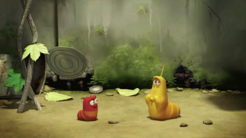A Couple Of Cartoon Worms Standing Next To Each Other GIF