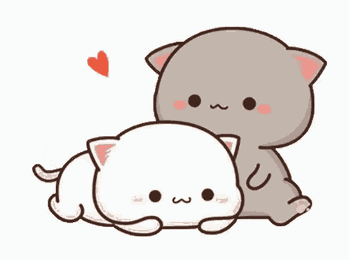 A Couple Of Cats Are Hugging Each Other With A Heart Flying In The Background . GIF