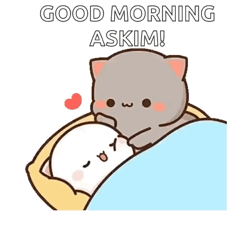 A Couple Of Cats Laying In A Bed With The Words `` Good Morning Askim '' Written On It . GIF