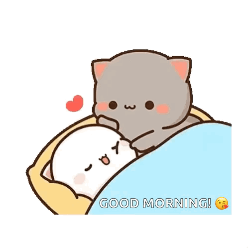 A Couple Of Cats Laying In A Bed With The Words `` Good Morning '' . GIF
