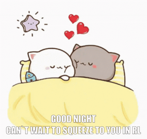 A Couple Of Cats Laying In Bed With Hearts Flying Around Them And The Words Good Night Can 'T Wait To Squeeze To You In GIF
