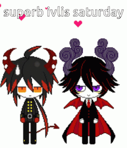 A Couple Of Demons Standing Next To Each Other With The Words Superb Ivlis Saturday Written Above Them GIF
