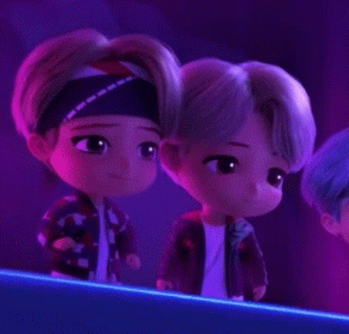 A Couple Of Dolls Are Standing Next To Each Other In A Room With Purple Lights . GIF