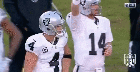 a couple of football players standing next to each other on a field . one of the players has the number 14 on his jersey