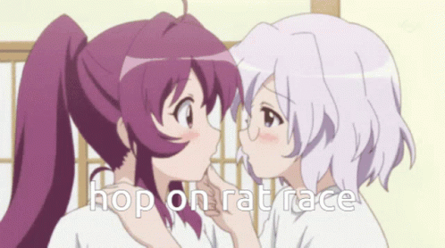 A Couple Of Girls Kissing With The Words Hop On Rat Race Below Them GIF