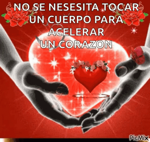 A Couple Of Hands Holding A Red Heart With The Words No Se Nesecita Tocar Un Cuerpo Para Accelerar Un Corazon GIF