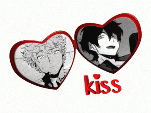 A Couple Of Heart Shaped Frames With The Word Kiss Below Them GIF