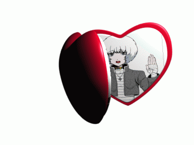A Couple Of Heart Shaped Mirrors With Cartoon Characters On Them GIF