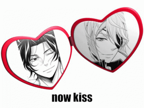 A Couple Of Heart Shaped Mirrors With The Words Now Kiss On The Bottom GIF