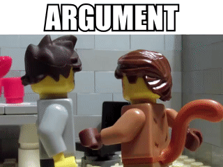 A Couple Of Lego Figures Standing Next To Each Other With The Words Argument Above Them GIF