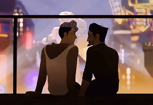 A Couple Of Men Are Sitting On A Balcony And Looking At Each Other GIF
