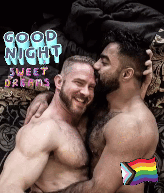 A Couple Of Men Hugging Each Other With The Words Good Night Sweet Dreams Behind Them GIF
