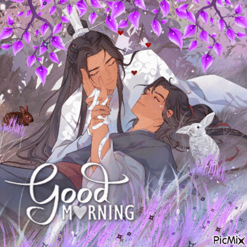 A Couple Of Men Laying In A Field With The Words Good Morning On The Bottom GIF