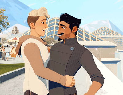 A Couple Of Men Standing Next To Each Other With A Building In The Background GIF