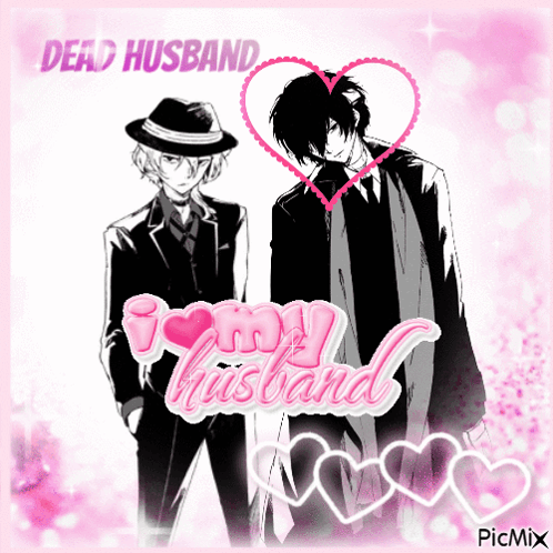A Couple Of Men Standing Next To Each Other With The Words Dead Husband I Love My Husband On The Bottom GIF