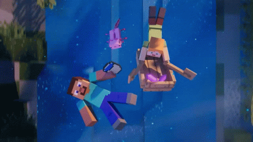 A Couple Of Minecraft Characters With A Pink Axolotl Floating In The Background GIF